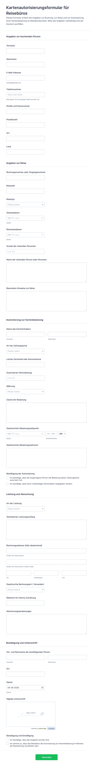 Reisebüro Kreditkartenfreigabe Formular