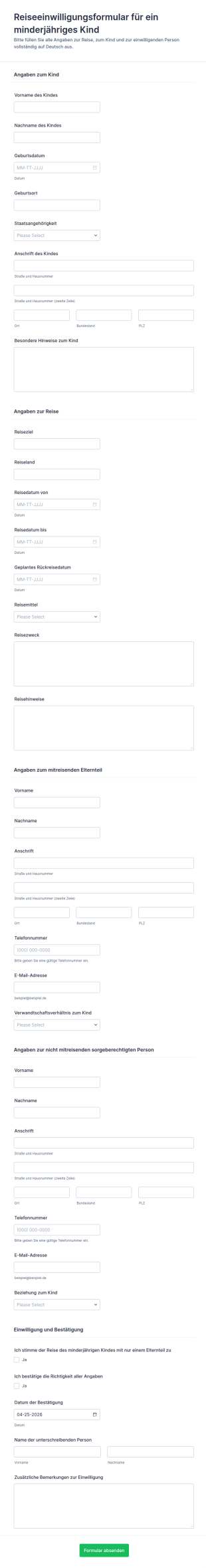 Reiseeinwilligungsformular Für Minderjährige Mit Einem Elternteil