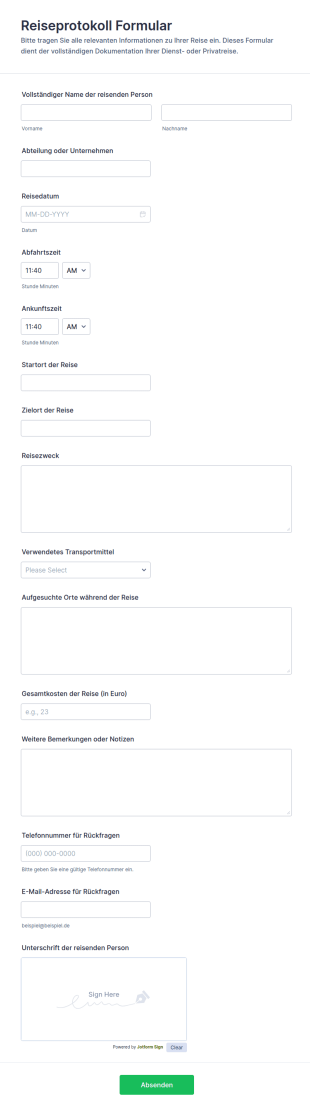 Reiseprotokoll Formular