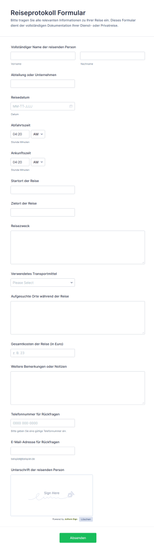 Reiseprotokoll Formular