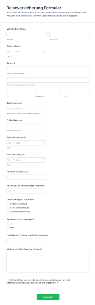 Reiseversicherung Formular