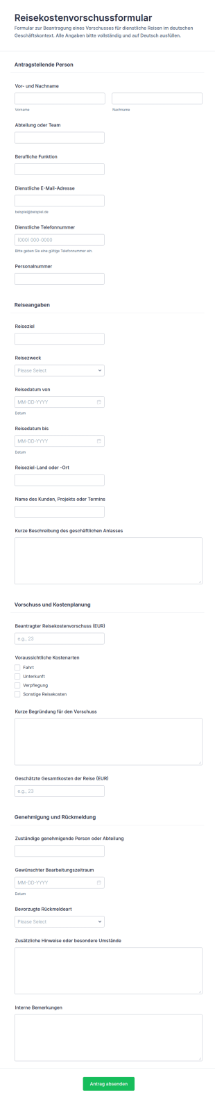 Reisevorschussantrag Formular ✈️