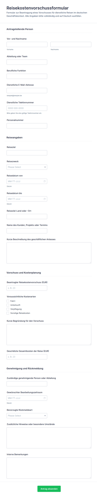 Reisevorschussantrag Formular ✈️