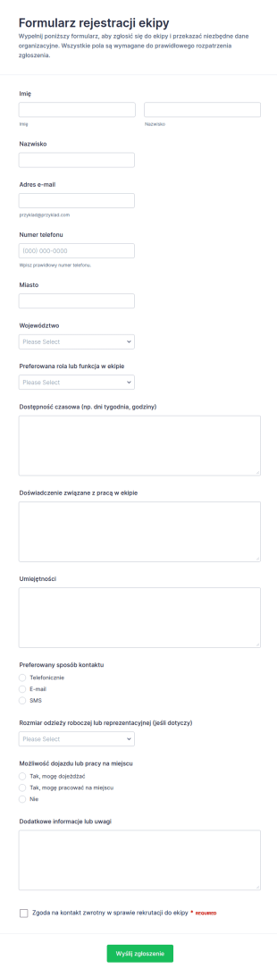 Rejestracja Załogi Formularz