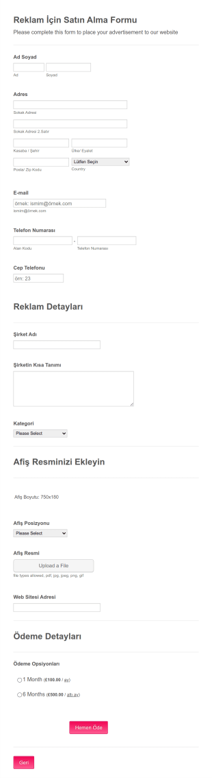Reklam Afişi Talep Form Şablonu