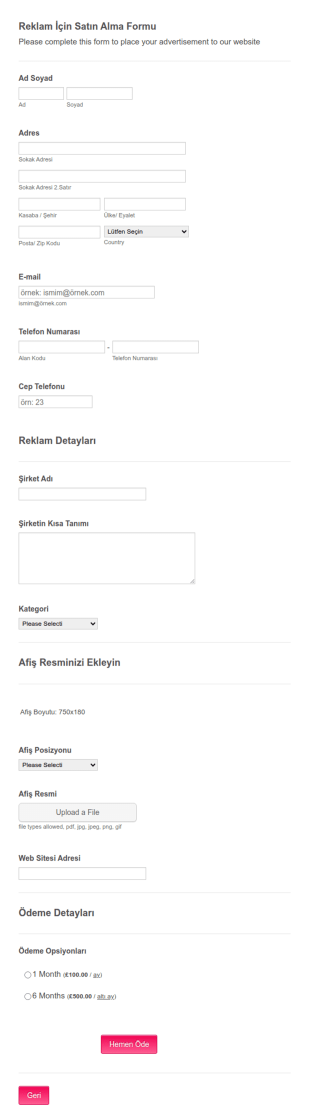 Reklam Afişi Talep Form Şablonu