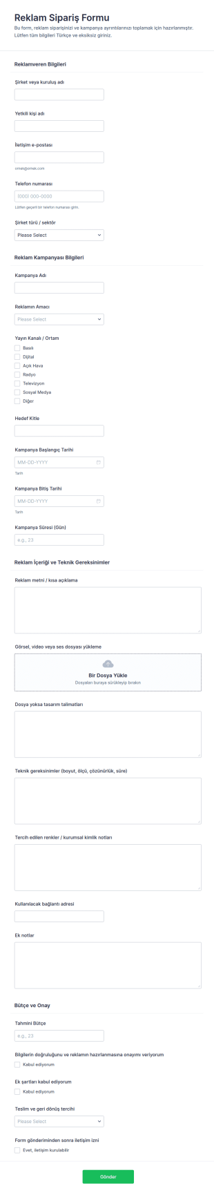 Reklam Sipariş Form Şablonu
