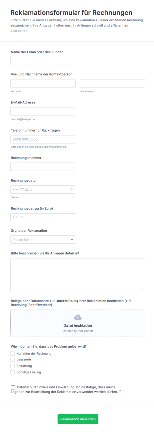 Reklamationsformular Für Rechnungen
