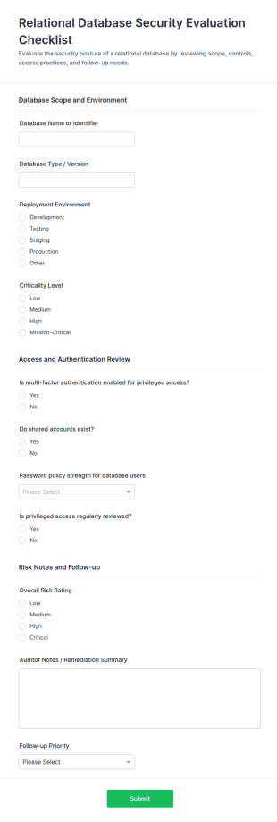 Relational Database Security Evaluation Checklist Form Template