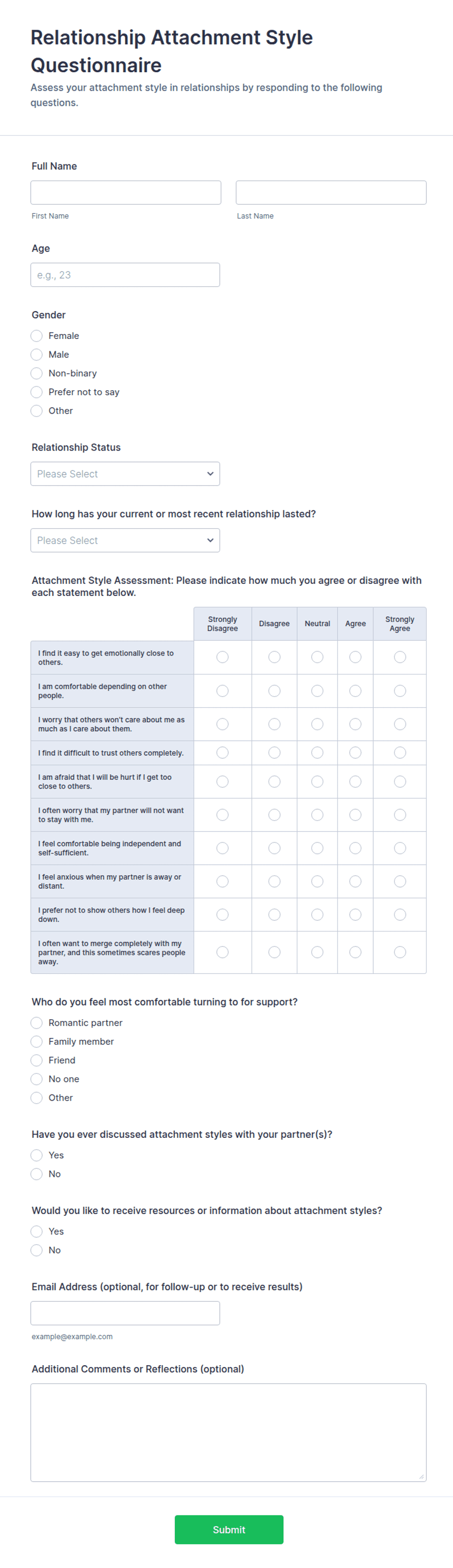 Relationship Attachment Style Questionnaire Form Template | Jotform