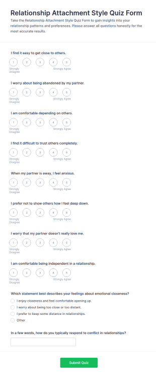 Relationship Attachment Style Quiz Form Template