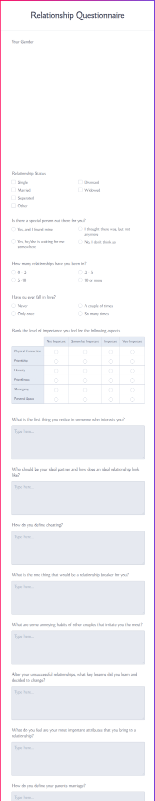 Relationship Questionnaire Form Template