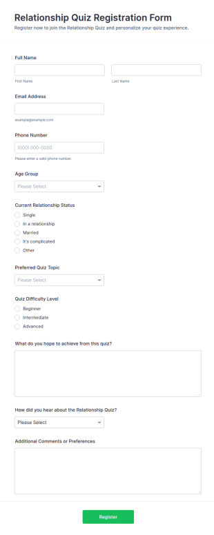 Relationship Quiz Registration Form Template