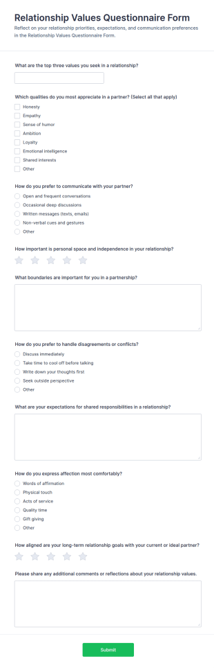 Relationship Values Questionnaire Form Template
