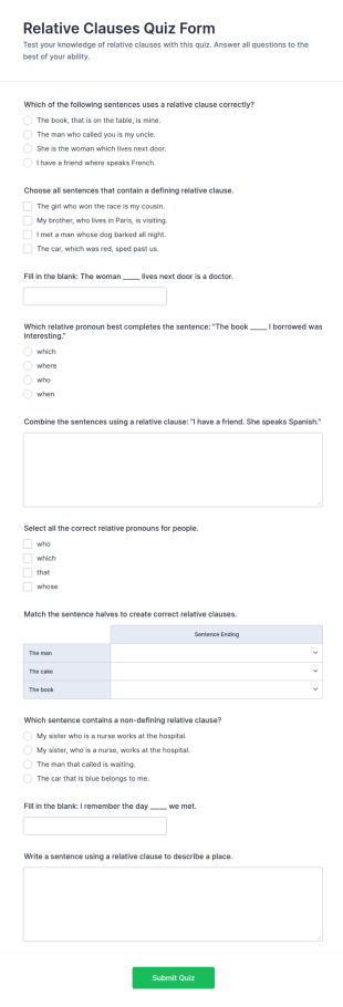 Relative Clauses Quiz Form Template