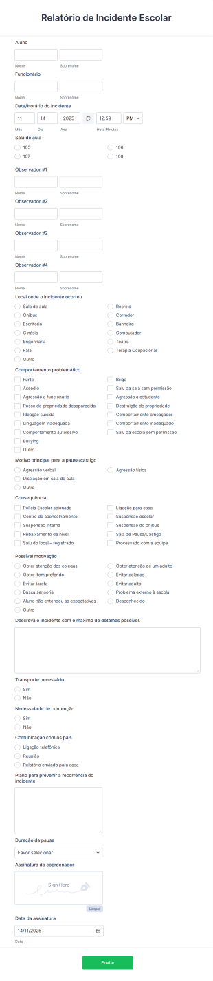 Relatório De Incidente Escolar Form Template