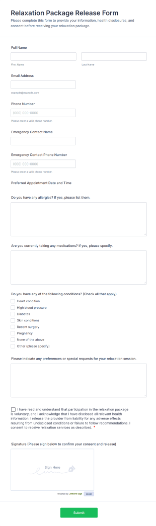 Relaxation Package Release Form Template