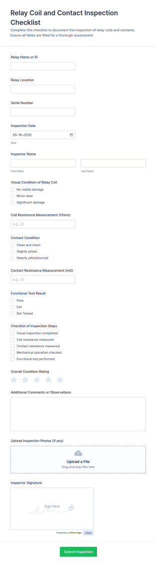 Relay Coil And Contact Inspection Checklist Form Template