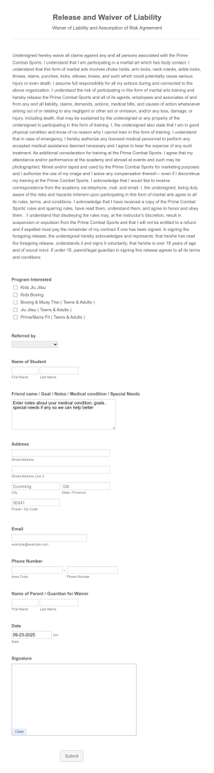 Release And Waiver Of Liability Form Template