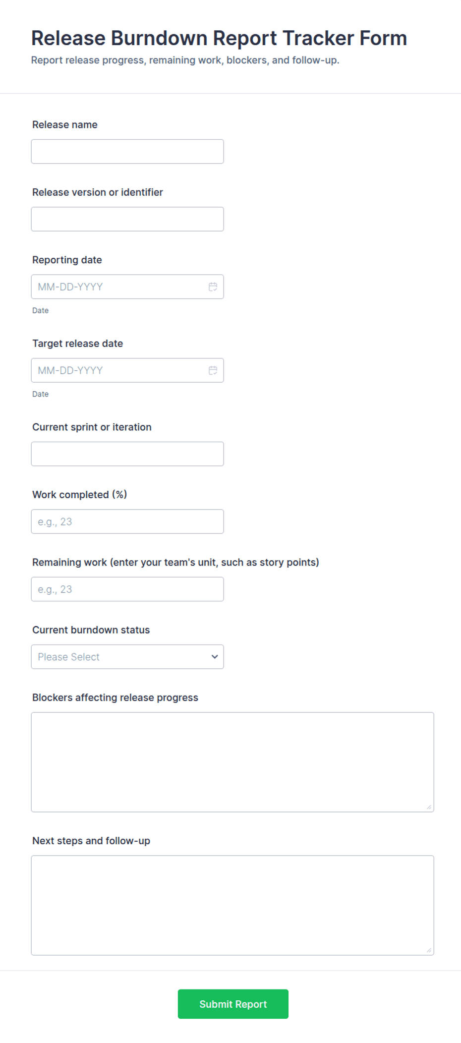 Release Burndown Report Tracker Form Template | Jotform