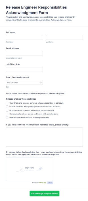 Release Engineer Responsibilities Acknowledgment Form Template