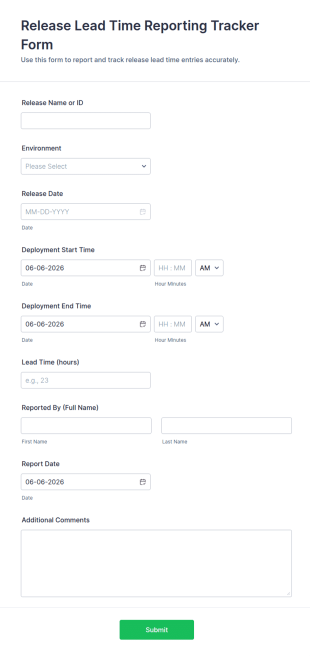Release Lead Time Reporting Tracker Form Template