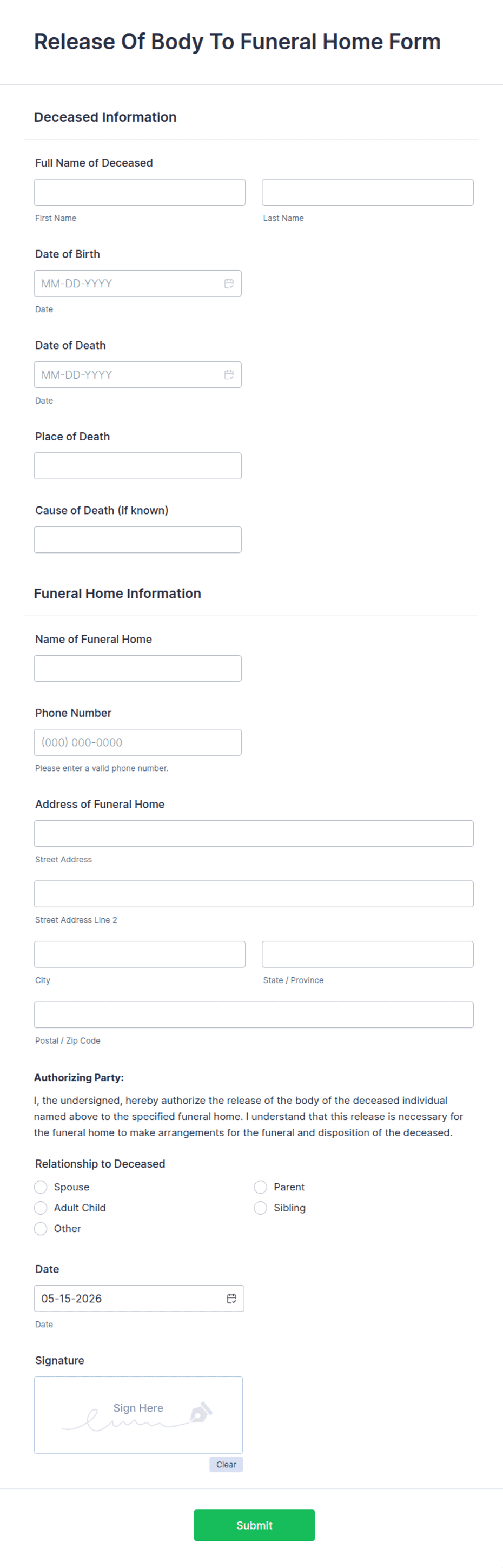 Release Of Body To Funeral Home Form Template | Jotform