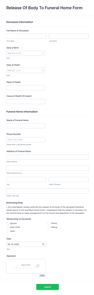 Release Of Body To Funeral Home Form Template