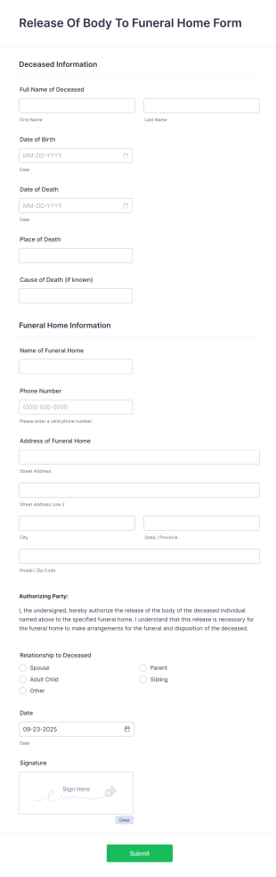 Release Of Body To Funeral Home Form Template