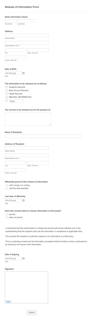 Release Of Information Template
