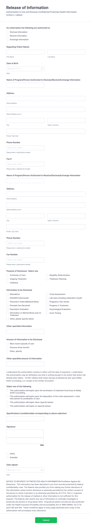 Mental Health Care Release Of Information Form Template