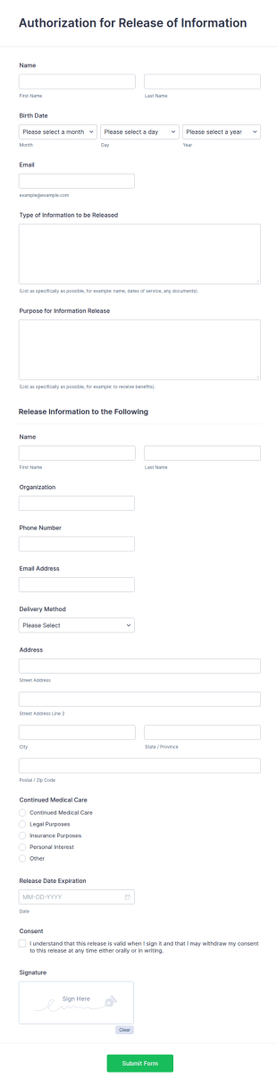 Release Of Medical Information Form Template