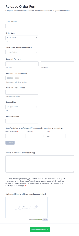Release Order Form Template