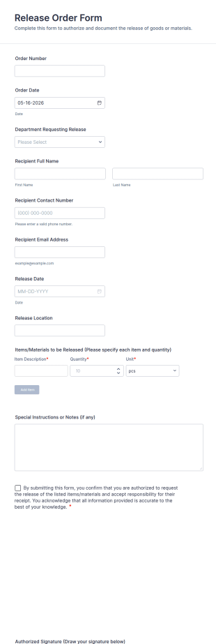 Release Order Form Template