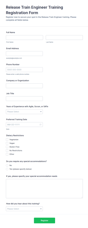 Release Train Engineer Training Registration Form Template