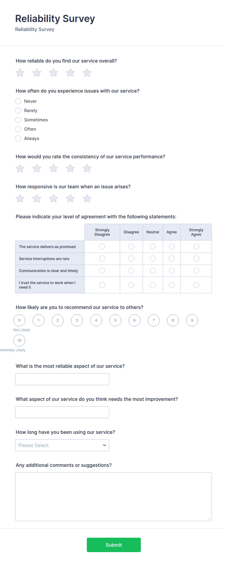 Reliability Survey Form Template | Jotform