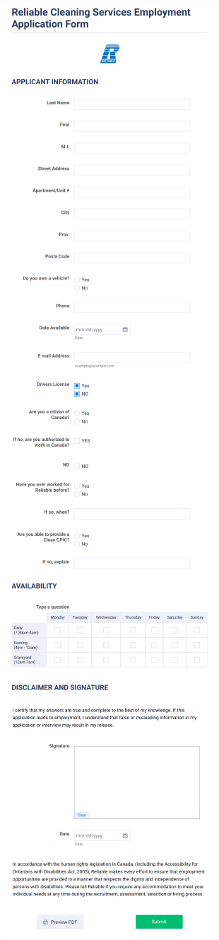 Cleaning Services Employment Application Form Template