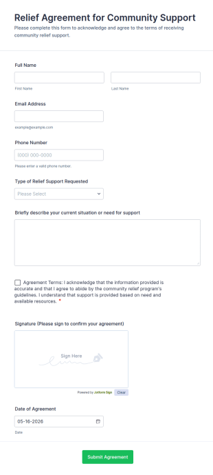 Relief Agreement For Community Support Form Template