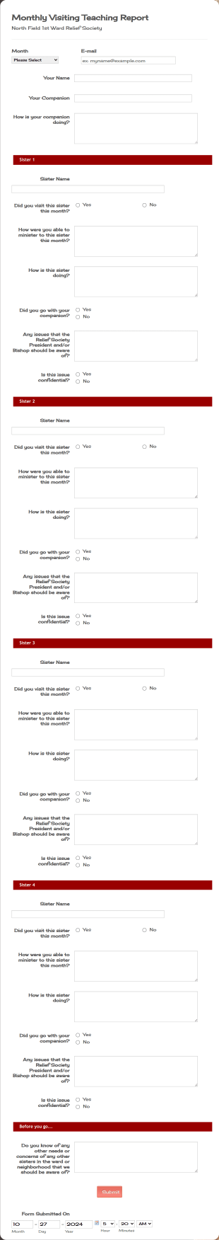 Relief Society Visiting Teaching Submission Form Template
