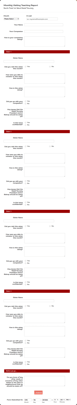 Relief Society Visiting Teaching Submission Form Template
