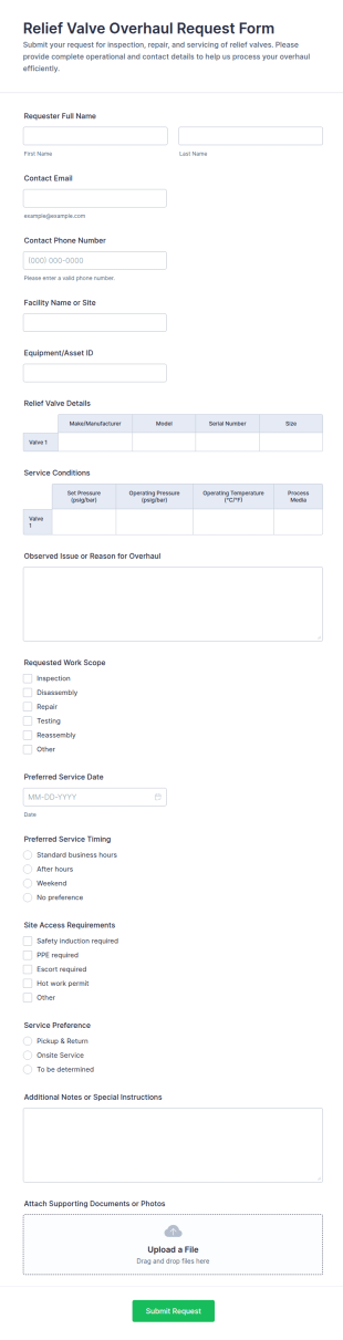 Relief Valve Overhaul Request Form Template