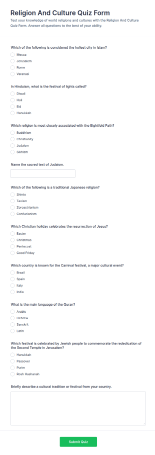 Religion And Culture Quiz Form Template