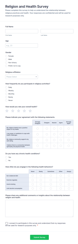 Religion And Health Survey Form Template