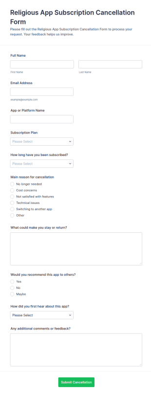 Religious App Subscription Cancellation Form Template