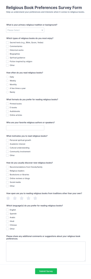Religious Book Preferences Survey Form Template