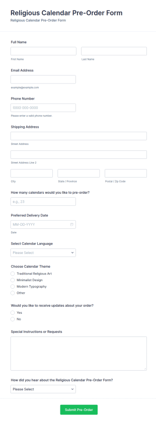 Religious Calendar Pre Order Form Template