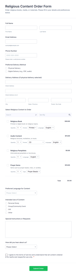 Religious Content Order Form Template