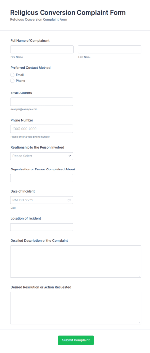 Religious Conversion Complaint Form Template