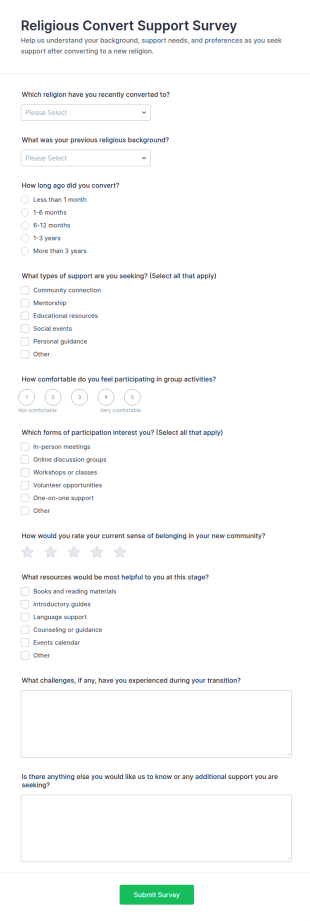 Religious Convert Support Survey Form Template