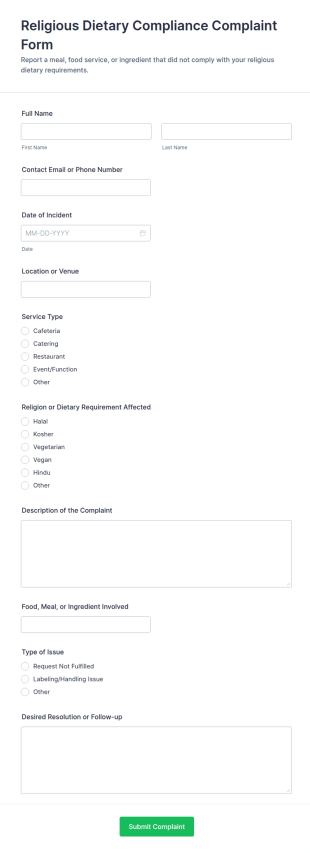 Religious Dietary Compliance Complaint Form Template